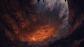 Stunning Dark Cave With Flaming Ruins - Realistic Landscape Illustration