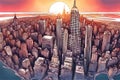 A stunning depiction capturing the charm of a New York city skyline over a vibrant sunset backdrop. Royalty Free Stock Photo