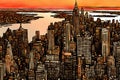 A stunning depiction capturing the charm of a New York city skyline over a vibrant sunset backdrop. Royalty Free Stock Photo