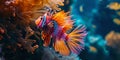 Vibrant betta fish swimming in a coral reef environment. exotic aquarium life captured in high-definition. colorful