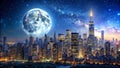 A futuristic metropolis under a giant celestial body at night. Generative AI