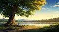 Beautiful Cartoon Illustration Of A Canopy Tree In Morning Sunlight