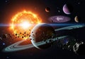 Vibrant solar system with ringed planet and distant galaxies illuminated by a fiery sun Royalty Free Stock Photo
