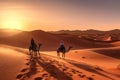 A stunning desert landscape image featuring the golden dunes of the nearby Sahara Desert, with a camel caravan in the distance, Royalty Free Stock Photo