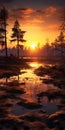 Romantic Sunset In An Empty Swamp: A National Geographic Style Landscape