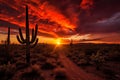 Stunning desert sunset The horizon glowed with fiery reds and oranges by Generative AI Royalty Free Stock Photo