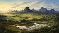 Hyper-realistic Painting Of Chinese Countryside With Rice Fields And Mountains