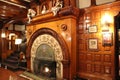 Stunning detail in wide open room with fireplace as it`s main attraction, Belhurst Castle and Winery, Geneva, New York, 2018