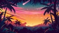 A stunning digital art image capturing a comet streaking across a twilight sky, with silhouettes of palm trees framing Royalty Free Stock Photo