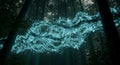 Glowing cyan energy crystals float in a dark mystic forest Royalty Free Stock Photo