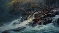 Realistic Hyper-detail: Tree Falling Over Waterfall Painting