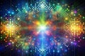 A stunning digital composition with a central light source emitting rays of light through a grid of colorful squares and circles