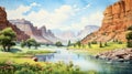 Serene Summer Day: A Detailed Canyon Painting In Watercolor