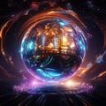 Futuristic Time Machine: Abstract Metallic Sphere with Neon Ribbons