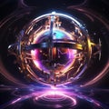 Futuristic Time Machine: Abstract Metallic Sphere with Neon Ribbons