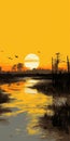 Digital Painting Of Post-apocalyptic Sunset Over Water With Birds