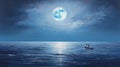 Romantic Illustration Of A Blue Moon Over The Sea
