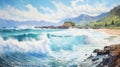 East China Sea Waves Crashing On Waimea Bay Shore - Zohar Flax Inspired Painting