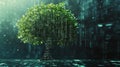 A stunning digital representation of a tree with green leaves emerging from a background of binary code, symbolizing the Royalty Free Stock Photo