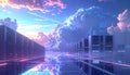 A stunning digital visualization of a colossal data center corridor reflecting a hypercolored vaporwave sky filled with massive Royalty Free Stock Photo
