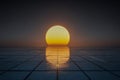 Stunning digital visualization of a glowing yellow orb setting over an expansive reflective tiled surface under a dark moody sky Royalty Free Stock Photo