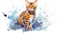 Bengal cat Digital watercolor painting on white background
