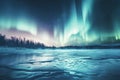 A stunning display of the aurora borealis illuminating the night sky above a frozen lake, Ice-covered lake under the glow of Royalty Free Stock Photo