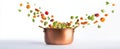 The stunning display of fresh vegetables jumping out of a copper pot.AI generated image Royalty Free Stock Photo