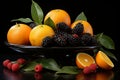 Stunning display of fresh and vibrant breakfast berries on a sleek black background