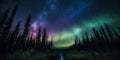 Stunning display of the northern lights dancing across the forest trees. AI generated.