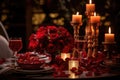 A stunning display of red roses and candles atop a tastefully decorated table, A romantic candle-lit dinner setting with a