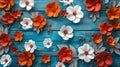 Vibrant artificial red and white flowers arranged on a blue wooden background for design inspiration. perfect for floral Royalty Free Stock Photo