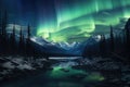 A stunning display of the vibrant Aurora Borealis illuminates the night sky over a serene mountain lake covered in snow, The