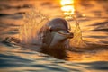 Stunning dolphin splashing water at sunset. Amazing wild life. Generative Ai