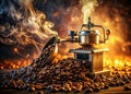 Stunning Double Exposure Coffee Machine Beans and Espresso Maker A Visual Symphony of Brewed Perfection Royalty Free Stock Photo