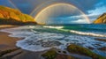Rainbow Over Coastal Paradise: Dramatic Sky and Emerald Waters on a Hidden Beach. Royalty Free Stock Photo