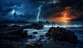 Stunning and dramatic lightning bolt illuminating the dark sky on the horizon of the sea