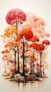 Stunning drawing of trees with orange leaves and red chung mushr