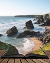 Stunning dusk sunset landscape image of Bedruthan Steps on West Royalty Free Stock Photo