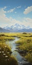 Delicately Rendered Landscape: Serene Marsh And Majestic Mountains