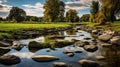 Stunning Dutch Landscape: Creek Surrounded By Rocks In A Field