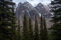 Stunning early morning view on the Consolation Lakes hike, of the Wenkchemma Range in the Valley of Ten Peaks, Banff, Canada with