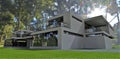 Stunning estate on the green meadow in the relict tropical forest. Bright sun shines through the huge trees. 3d rendering