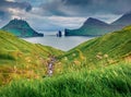Stunning evening scene of Faroe Islands. Royalty Free Stock Photo