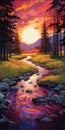 Vibrant Neo-traditional Digital Painting Of A Meadow With Sunset And Stream