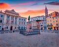 Stunning evening view of Tartini Square in old town of Piran. Royalty Free Stock Photo