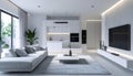 A stunning example of open concept luxury living featuring an integrated minimalist white kitchen and a spacious modern lounge Royalty Free Stock Photo