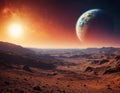 A stunning extraterrestrial landscape, on the cosmic background you can see Mars with the Earth Royalty Free Stock Photo