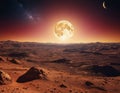 A stunning extraterrestrial landscape, on the cosmic background you can see Mars with the Earth Royalty Free Stock Photo