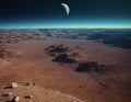 A stunning extraterrestrial landscape, on the cosmic background you can see Mars with the Earth Royalty Free Stock Photo